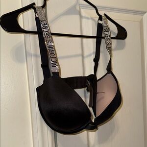 Victoria's Secret Black Padded Bra with Rhinestone Logo Straps